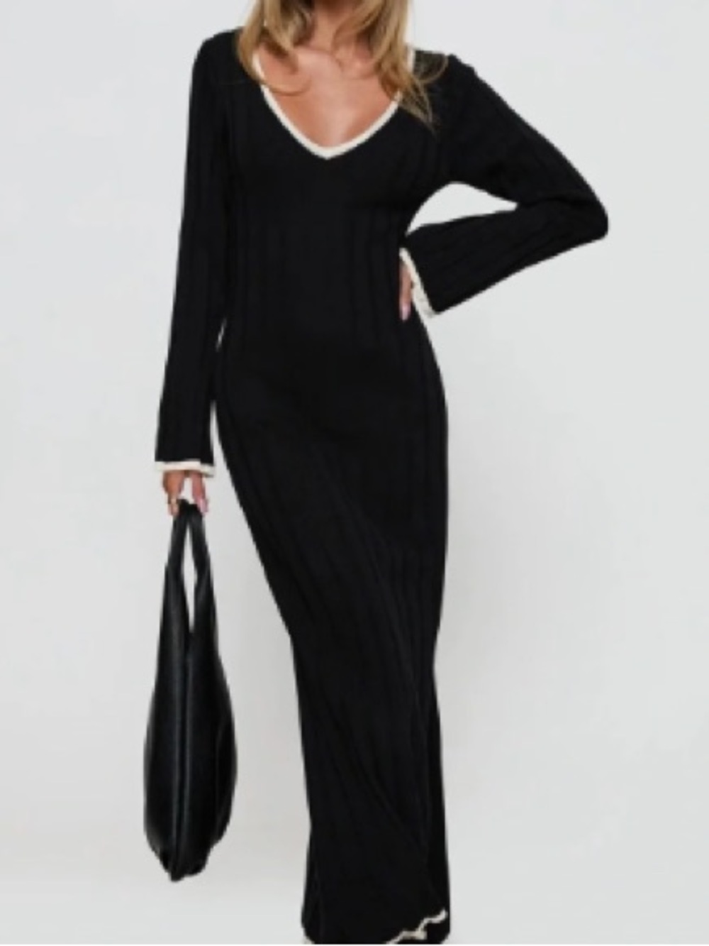 Princess Polly Black Ribbed Knit Maxi Sweater Dress Cream Contrast Trim - M/L